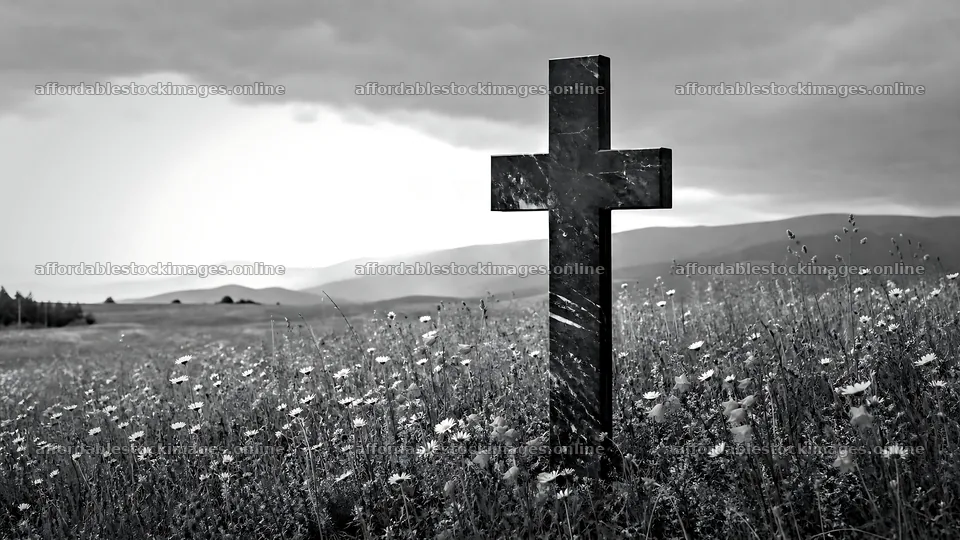 Marble Christian cross standing in a quiet meadow – stock images 10584x5952