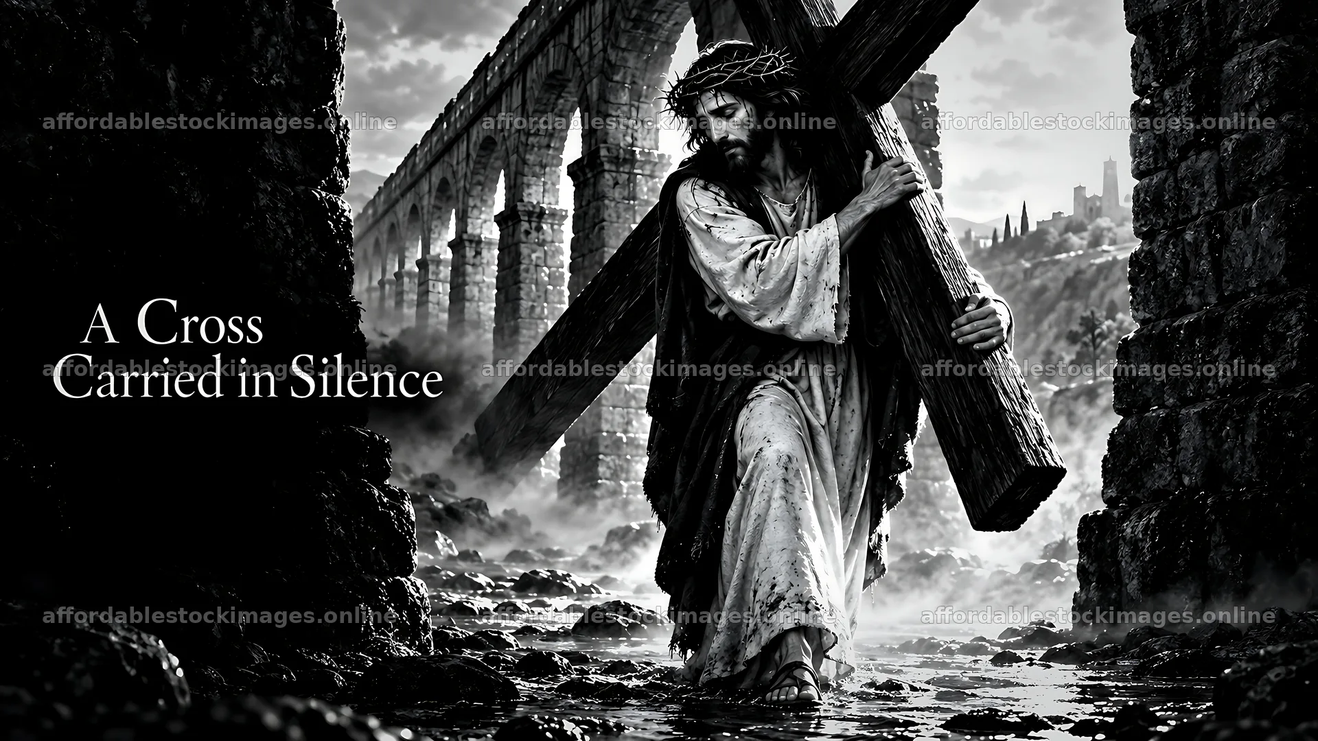 Cross carried through a historic landscape – stock images 10580x5954