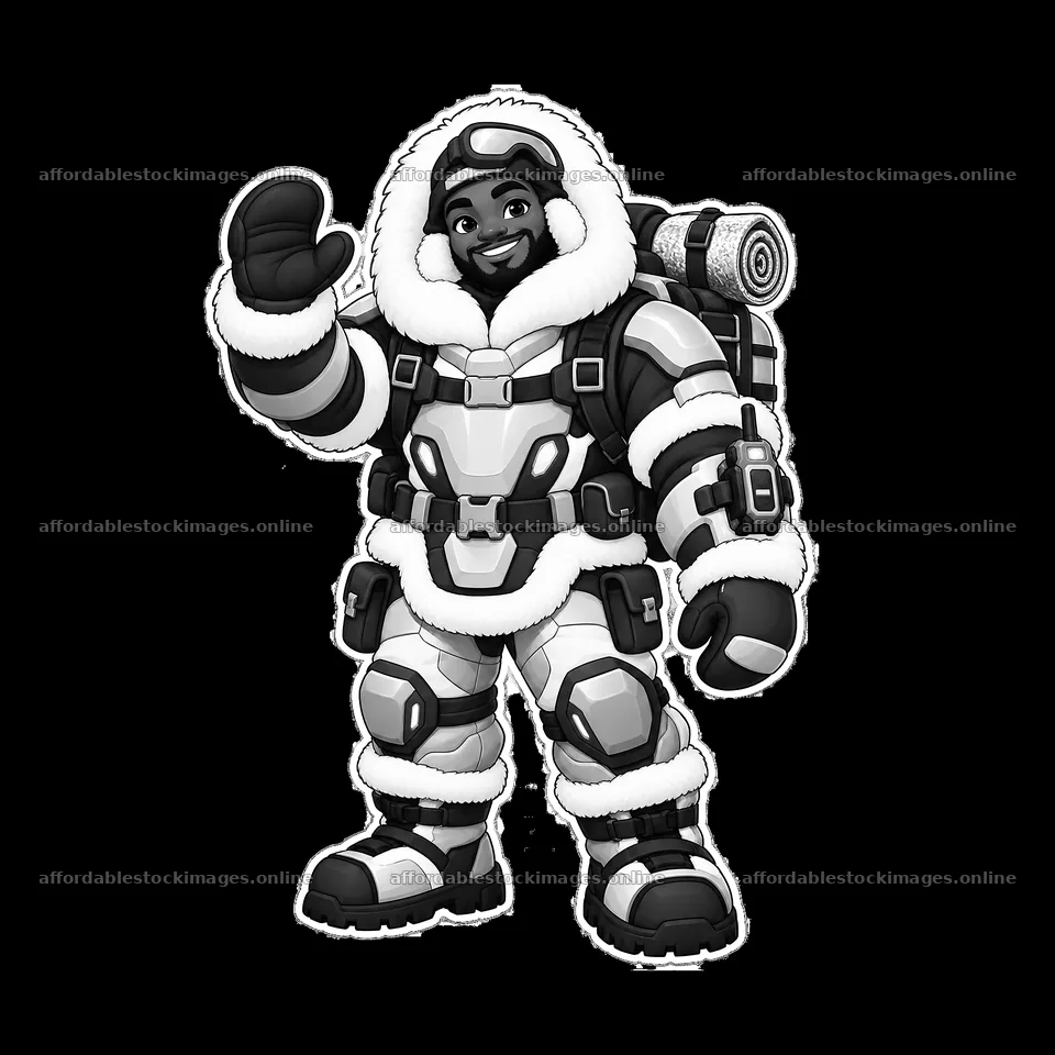 Kawaii futuristic super-soldier waving with winter gear – stock images 7746x7746
