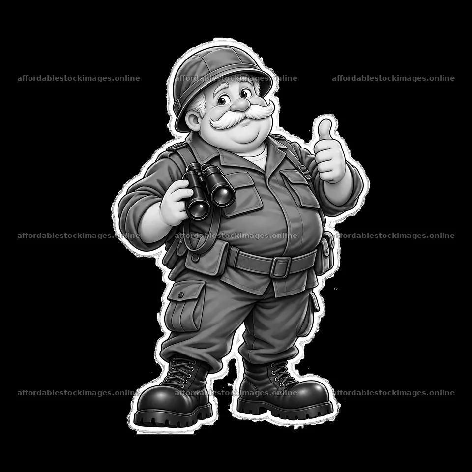 Cute ultra-chubby soldier giving a thumbs up with binoculars – stock images 7746x7746