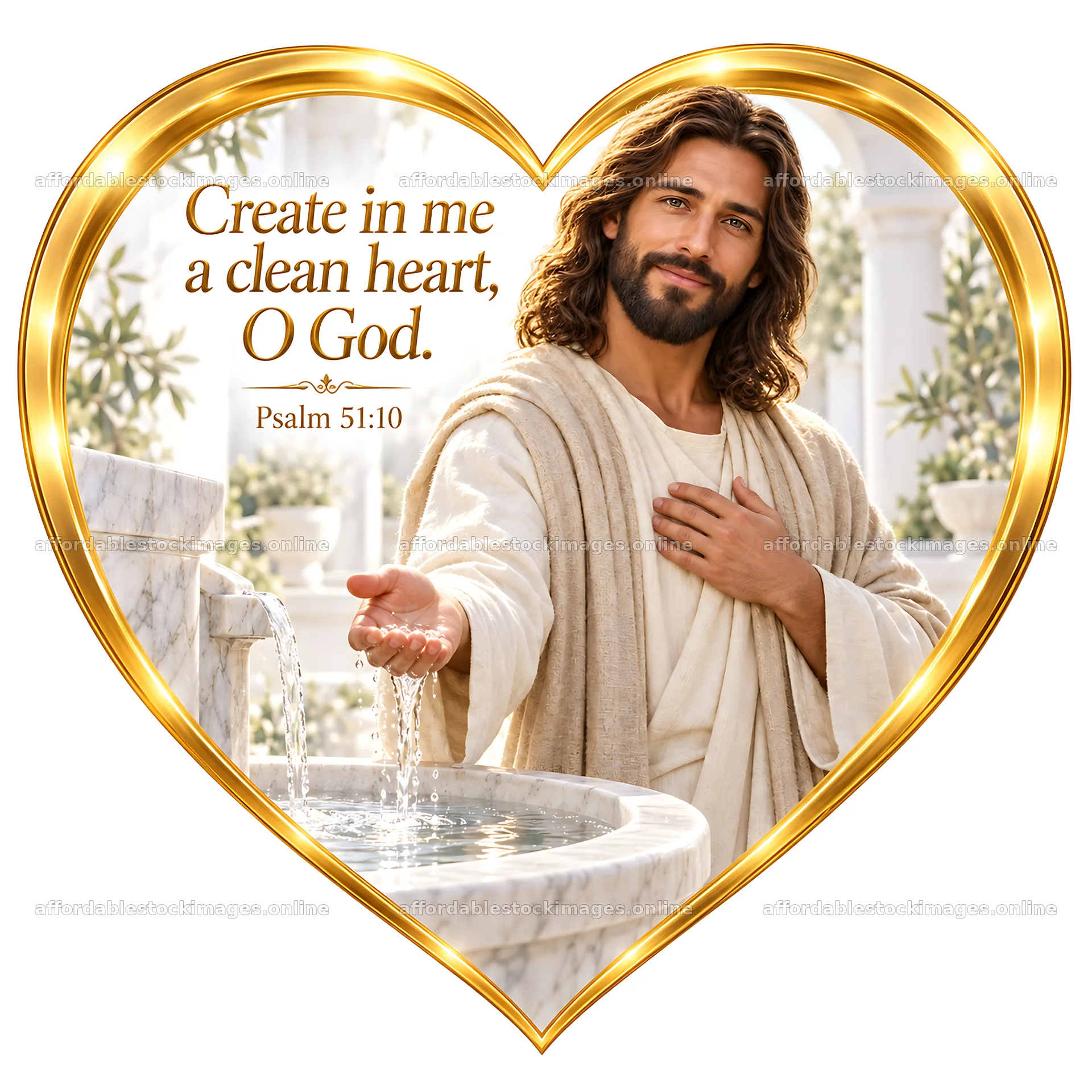 Jesus Christ inviting with open hands at a fountain – stock images 7746x7746