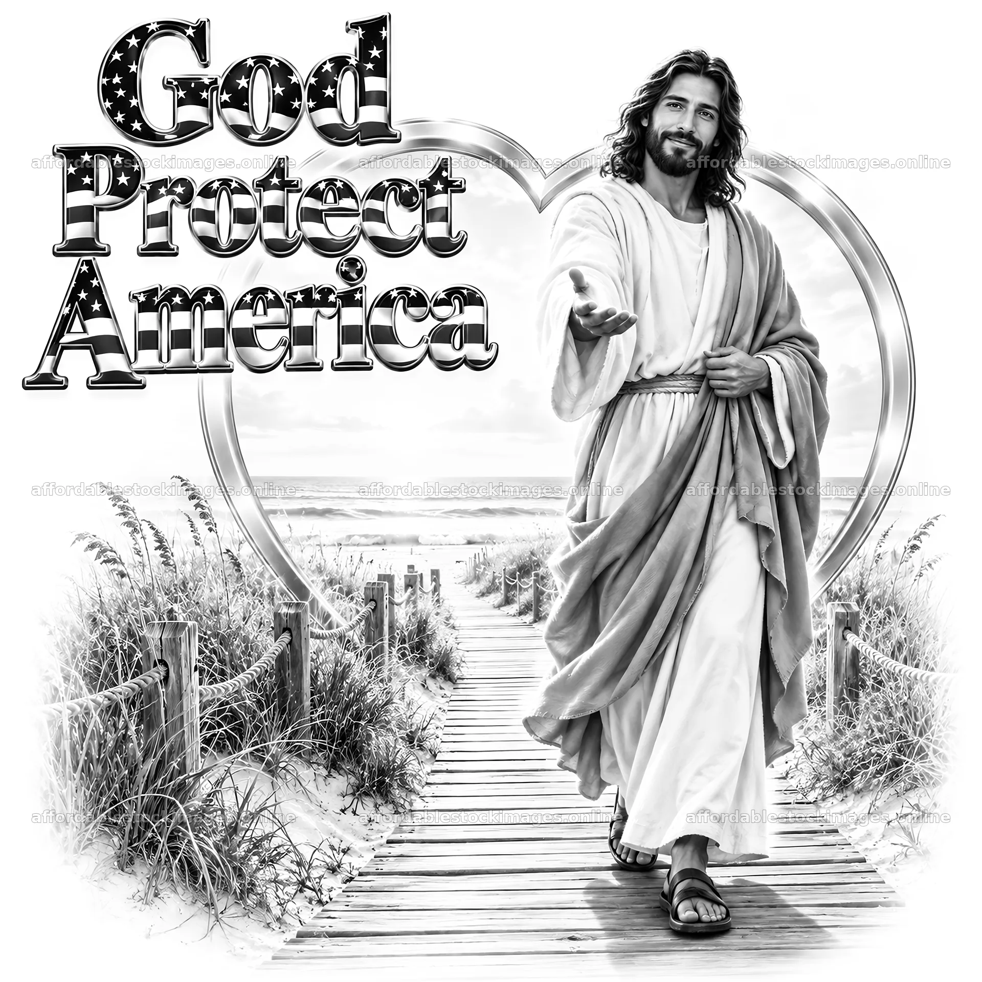 Jesus Christ walking on a path with a message of protection – stock images 7746x7746