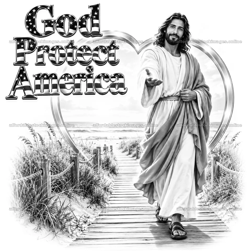 Jesus Christ walking on a path with a message of protection – stock images 7746x7746