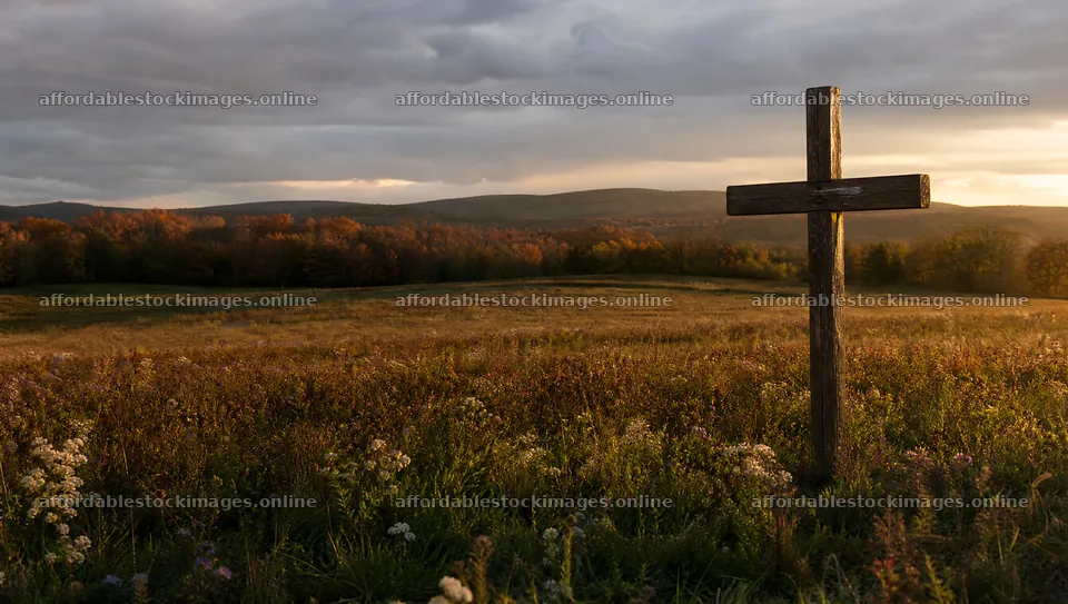 Christian cross in autumn meadow with copper light – stock images 10556x5968