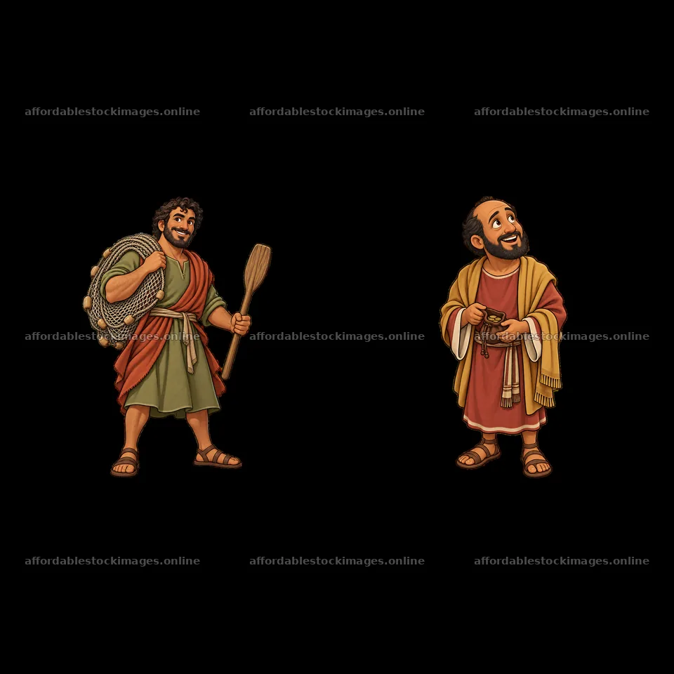 Two cartoon figures of fishermen engaged in conversation – stock images 7746x7746