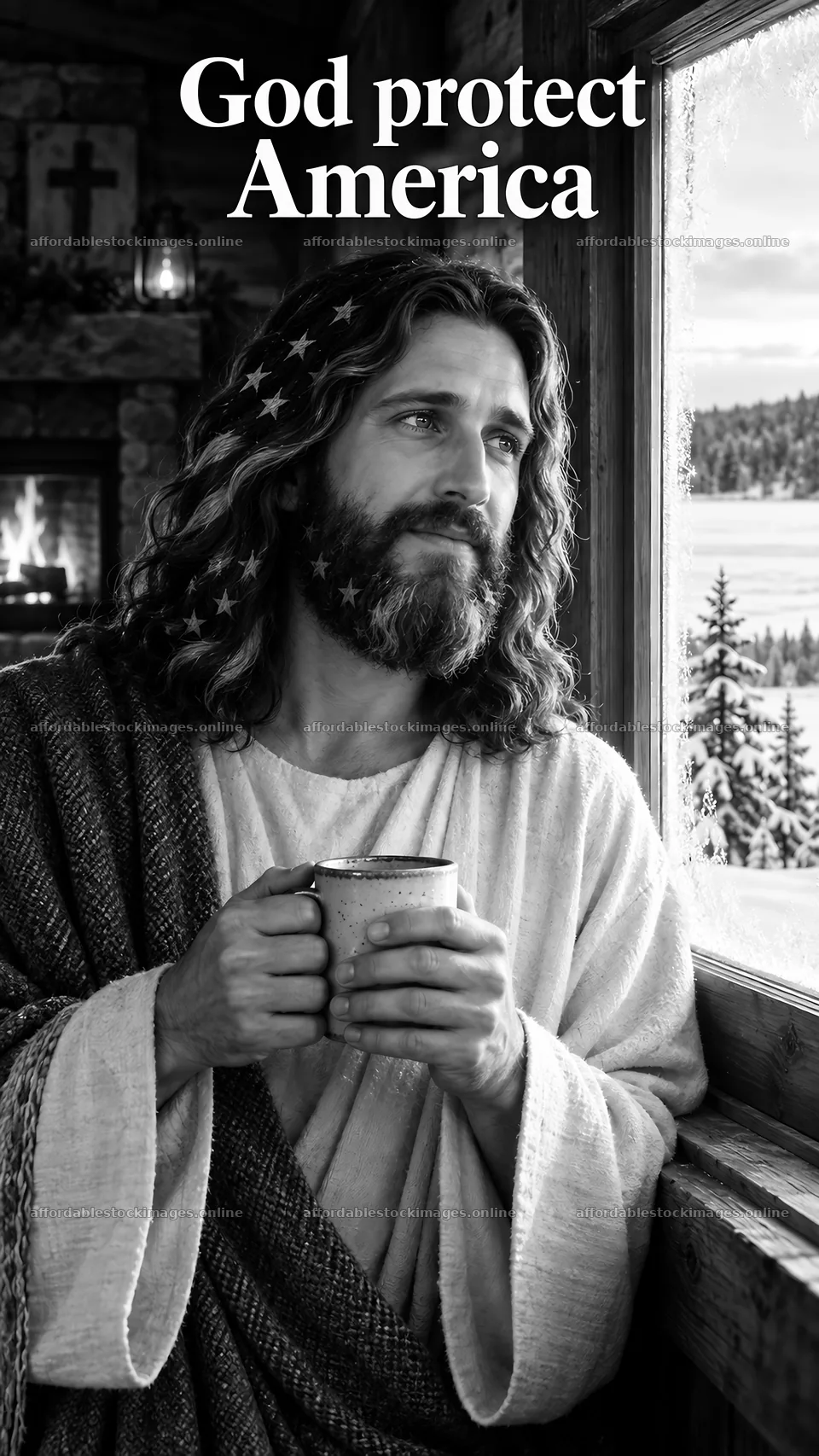 Jesus Christ standing by the window holding a cup – stock images 5811x10326