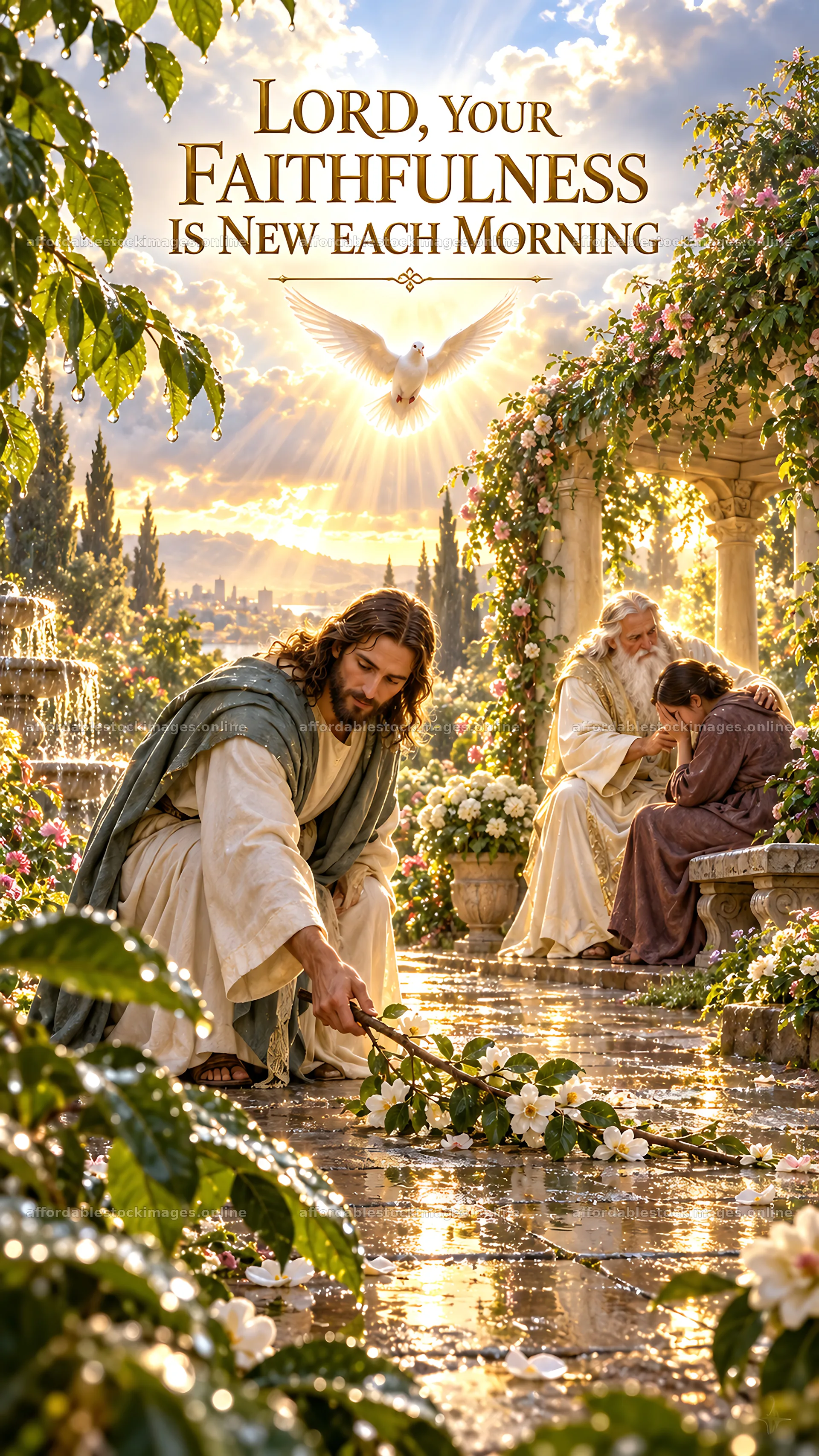 Jesus Christ tending to flowers in a beautiful garden scene – stock images 5811x10326