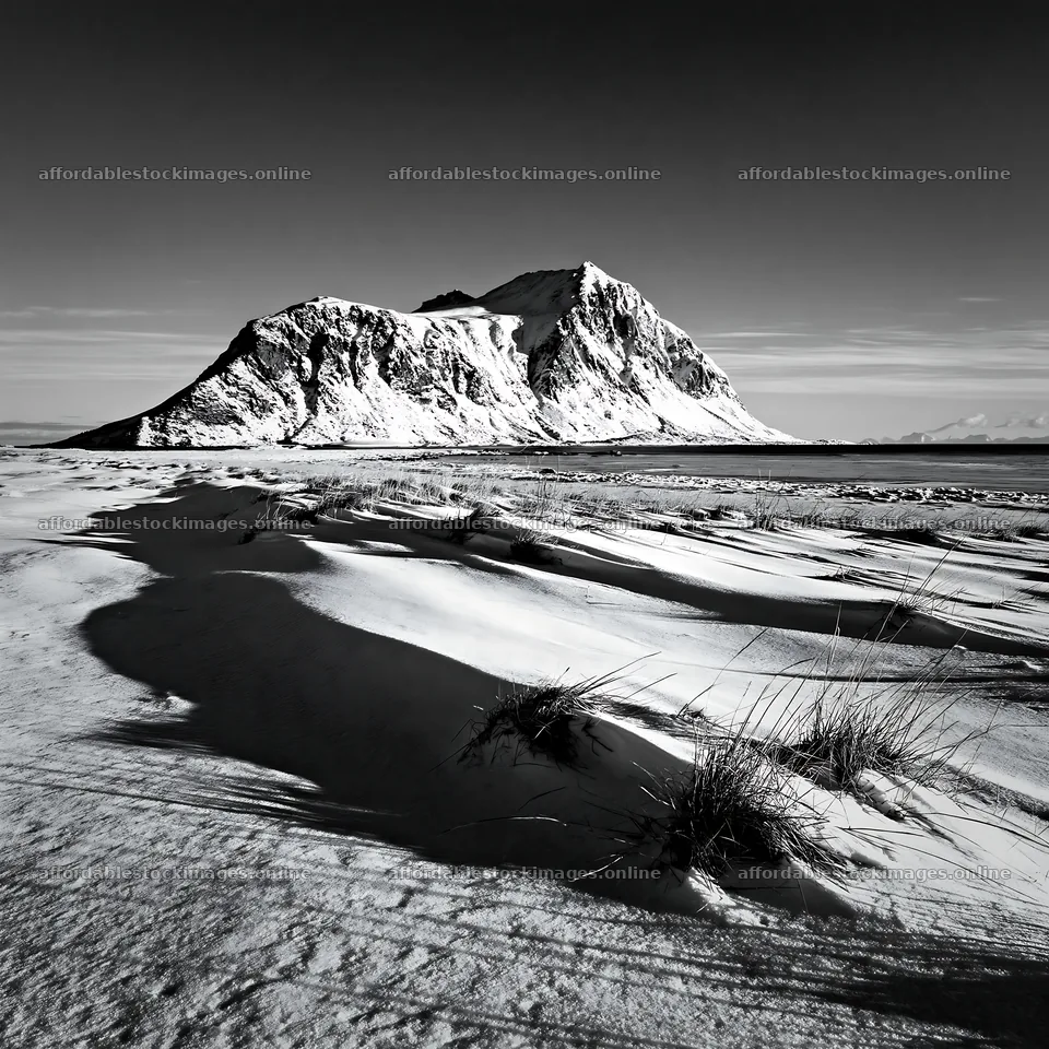 Lofoten coastal meadow covered in snow during winter – stock images 7938x7938