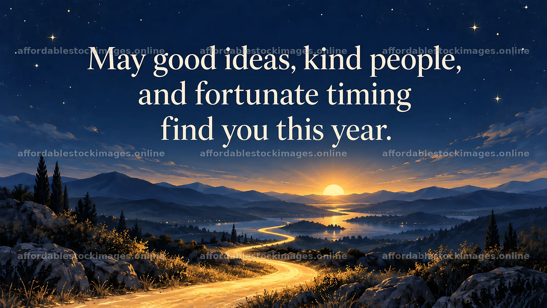 New Year greeting over a starlit mountain sunrise – stock images 10324x5812