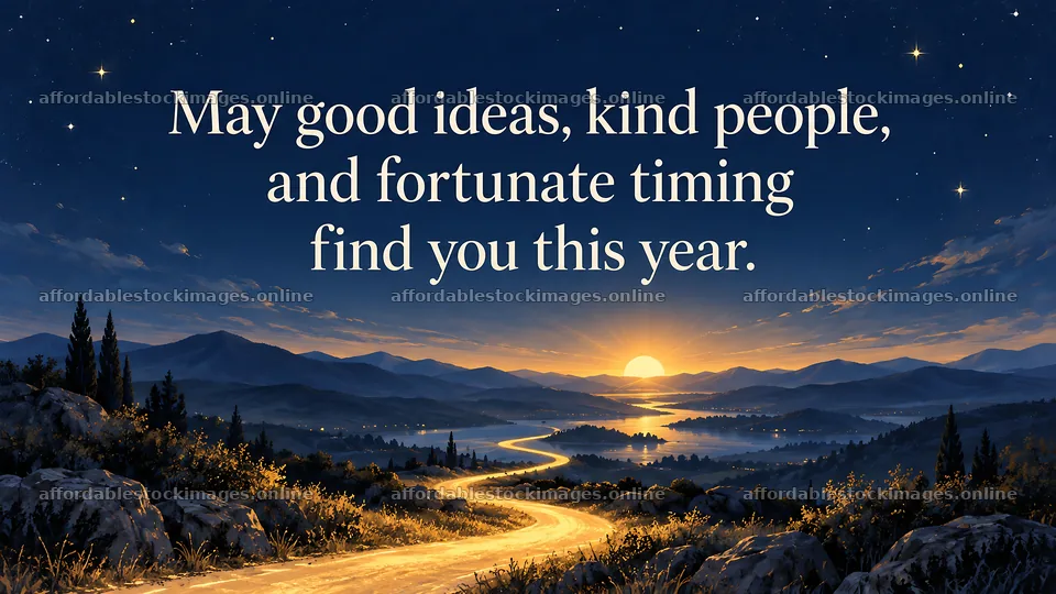 New Year greeting over a starlit mountain sunrise – stock images 10324x5812