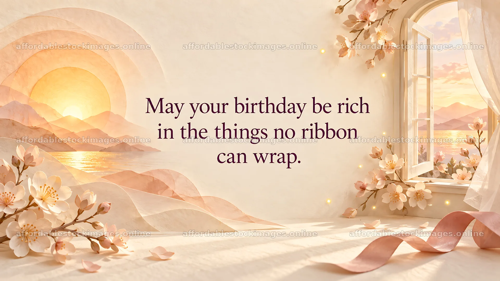Birthday Greeting with Blossoms and Sunset – stock images 10324x5812