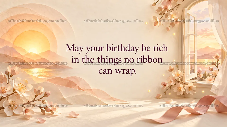Birthday Greeting with Blossoms and Sunset – stock images 10324x5812