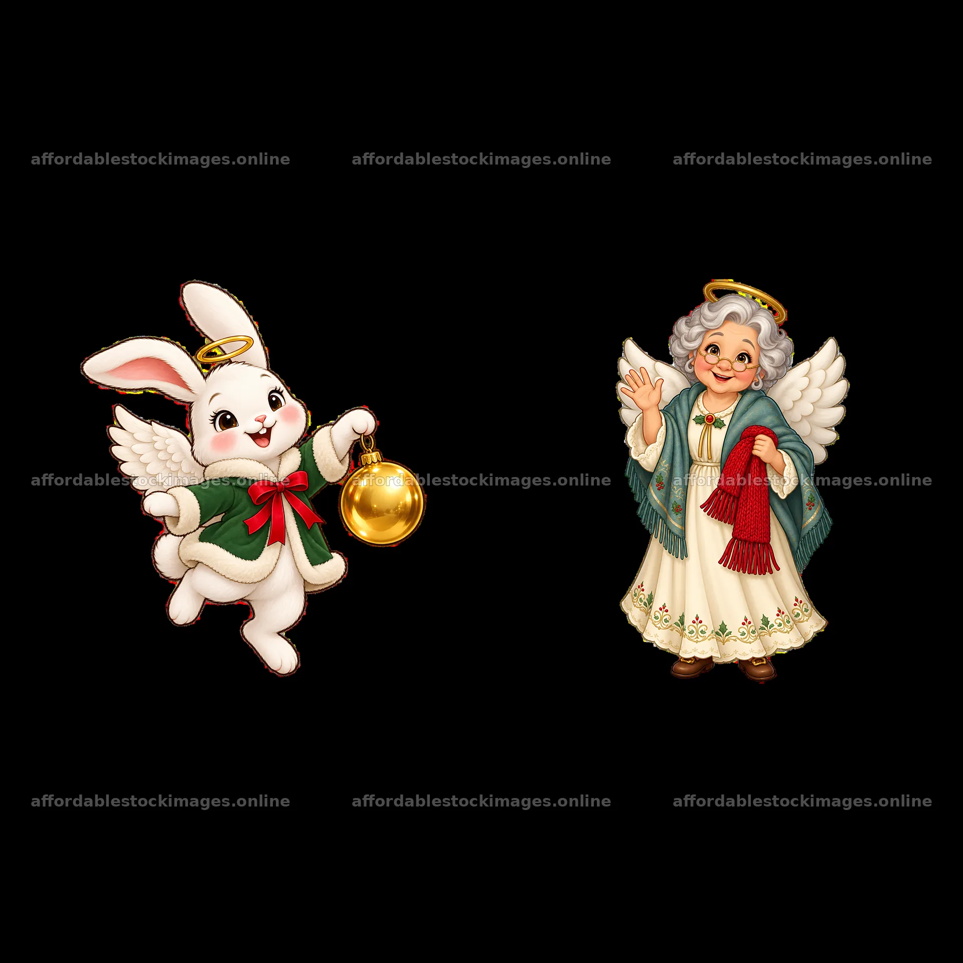 Christmas angel and cute rabbit holding a bell – stock images 7746x7746