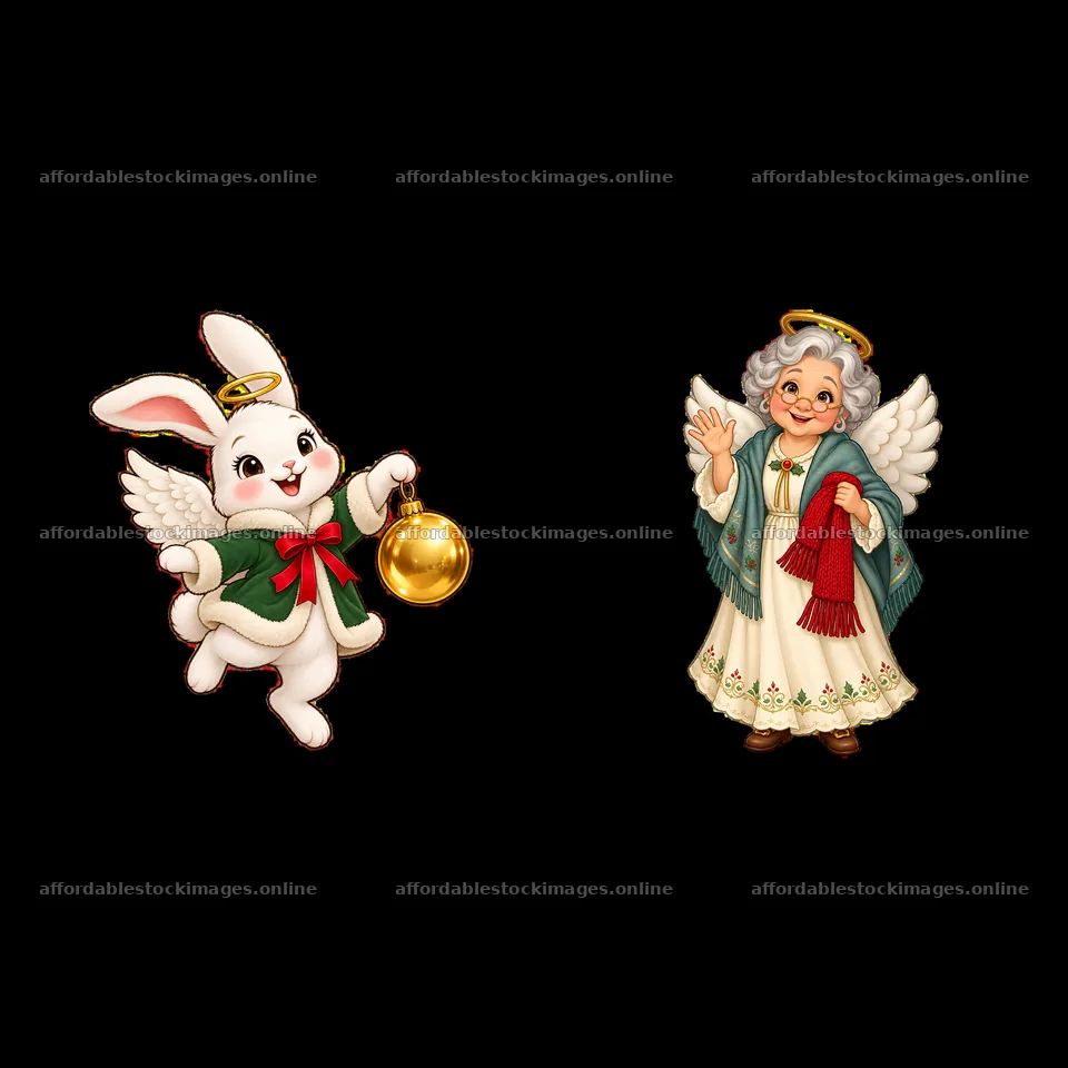 Christmas angel and cute rabbit holding a bell – stock images 7746x7746