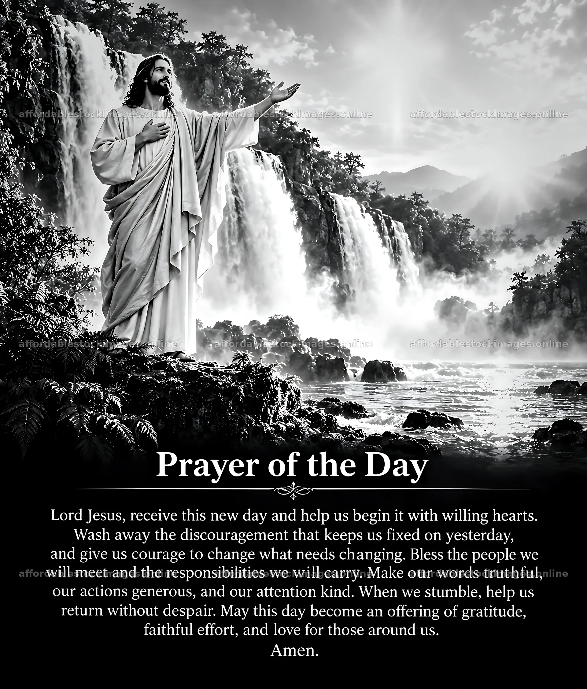 New day at the waterfall with a prayer for guidance – stock images 7326x8598