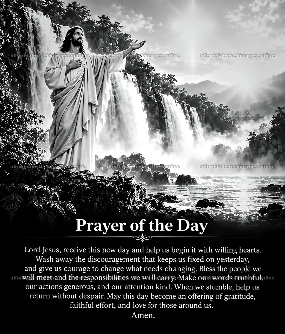 New day at the waterfall with a prayer for guidance – stock images 7326x8598