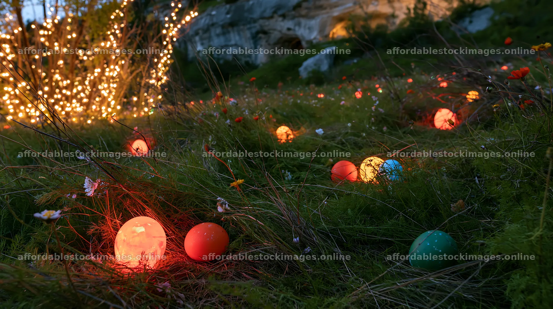 Christmas lanterns at dusk in meadow by cave – stock images 10608x5938