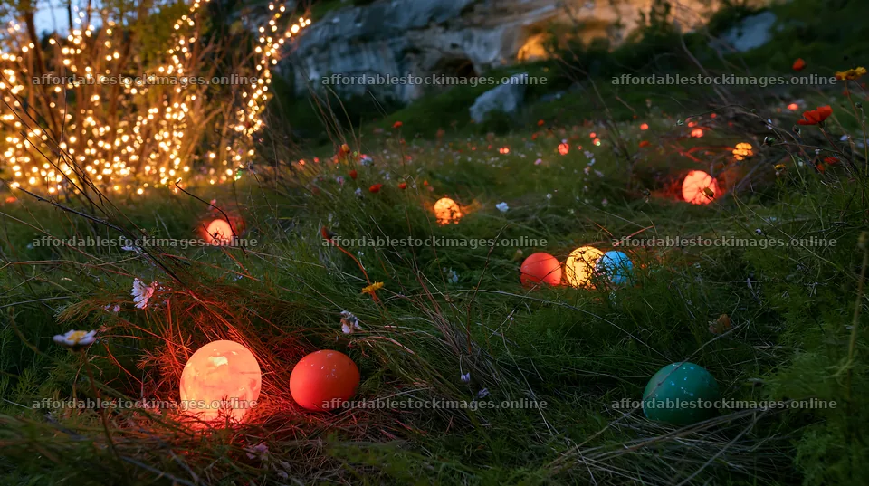 Christmas lanterns at dusk in meadow by cave – stock images 10608x5938