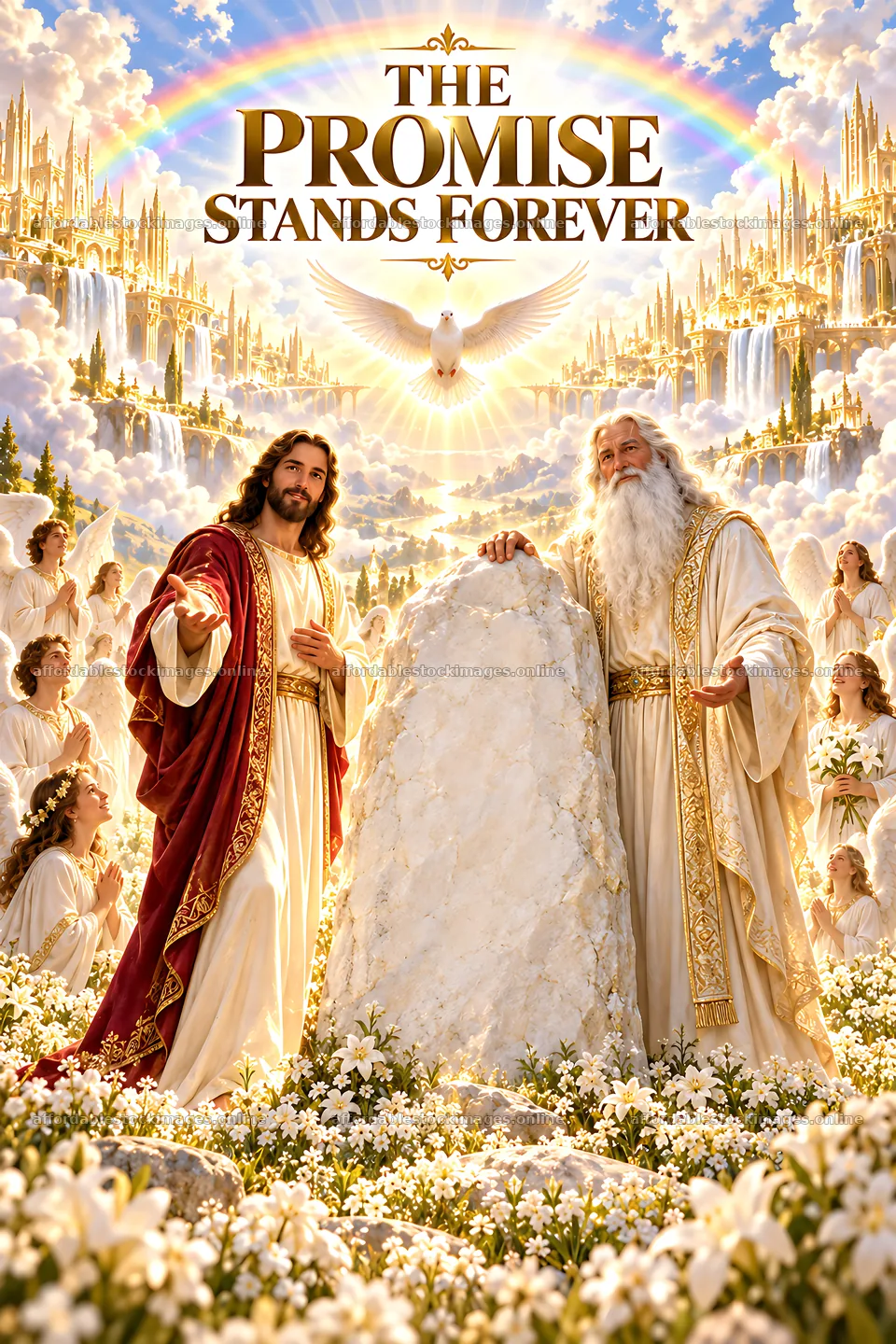 Promise of eternity with divine figures in a heavenly setting – stock images 6480x9722