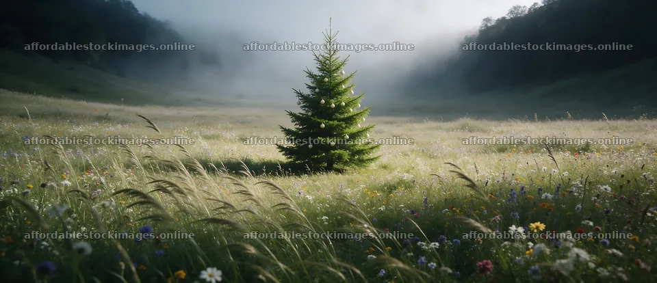 Vibrant Christmas tree stands in misty meadow – stock images 12094x5210
