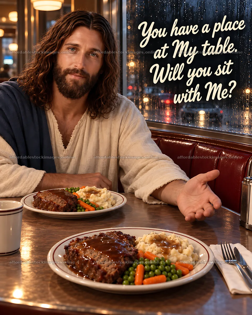 Meal at a diner with a friendly man inviting to the table – stock images 7100x8872