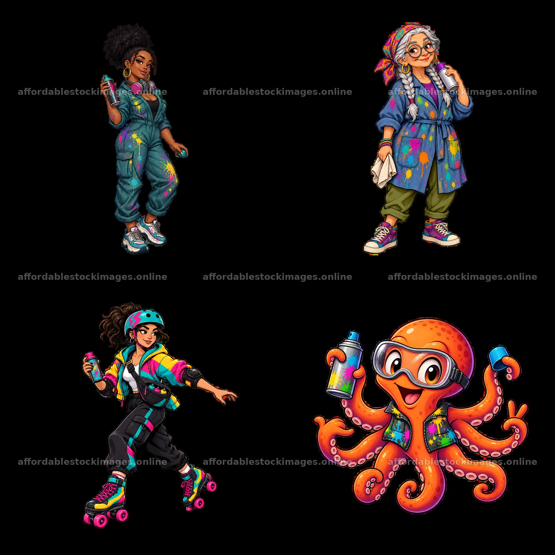 Cartoon characters expressing creativity with spray paint – stock images 7746x7746