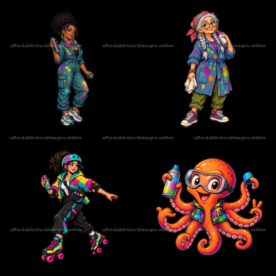 Cartoon characters expressing creativity with spray paint – stock images 7746x7746