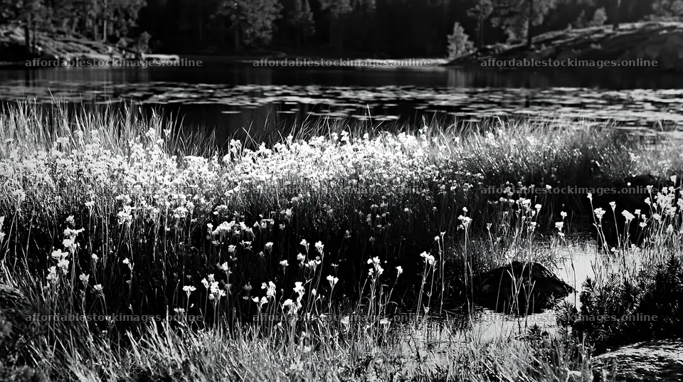 Sunlit lakeside meadow with flowers and water reflections – stock images 10608x5938