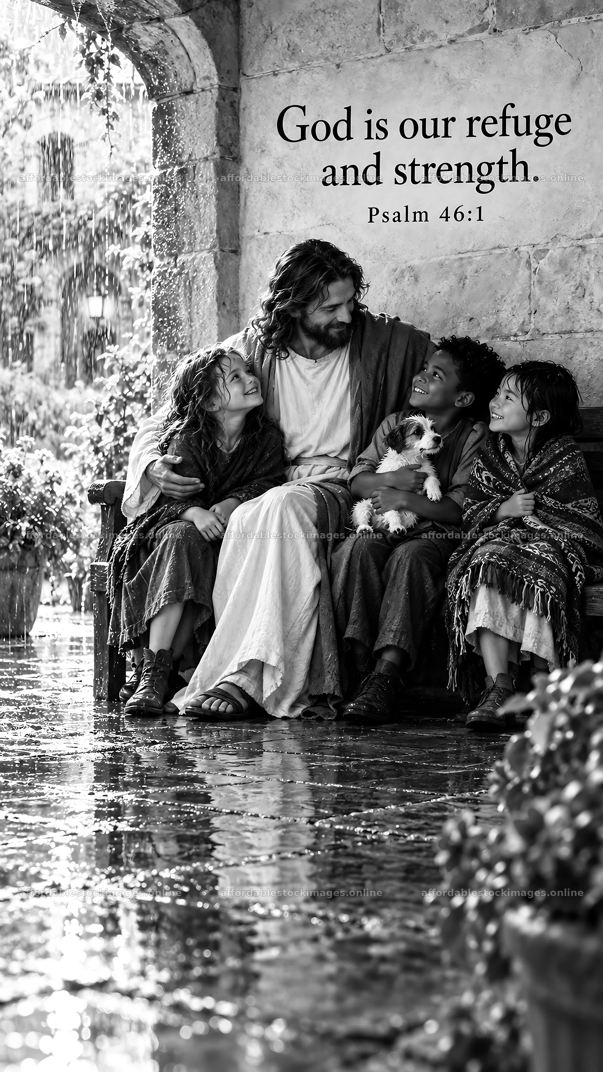 Jesus Christ comforting children in a rain-soaked scene – stock images 5811x10326