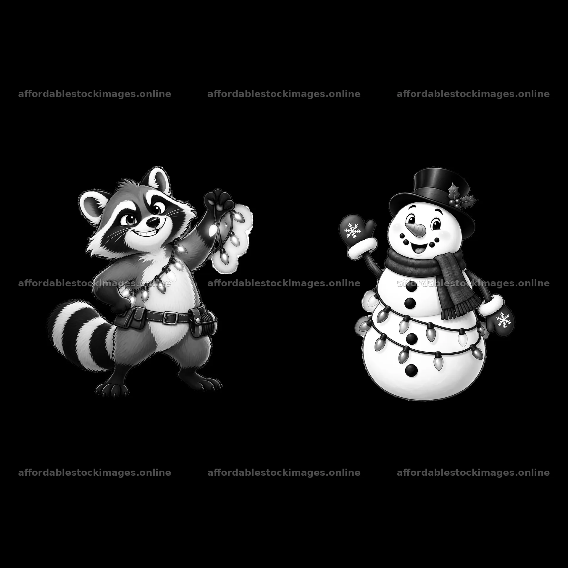 Raccoon holding string lights next to a snowman with string – stock images 7746x7746