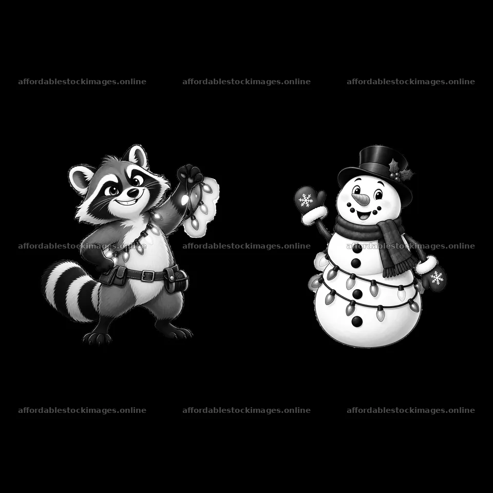 Raccoon holding string lights next to a snowman with string – stock images 7746x7746