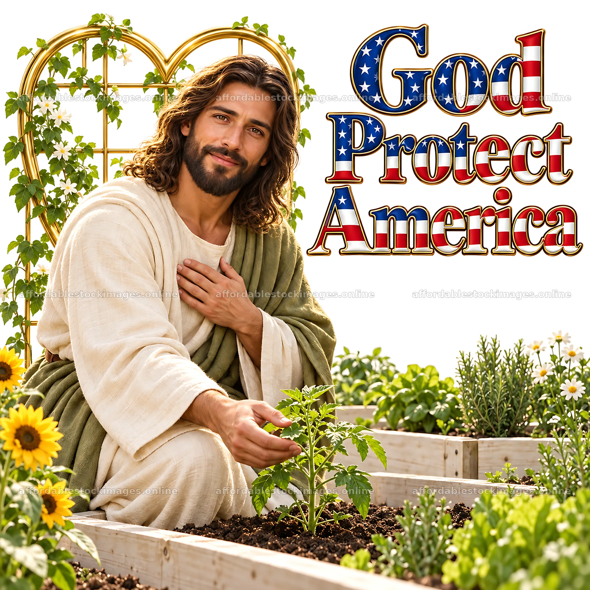 Jesus Christ caring for a plant in a garden – stock images 7746x7746