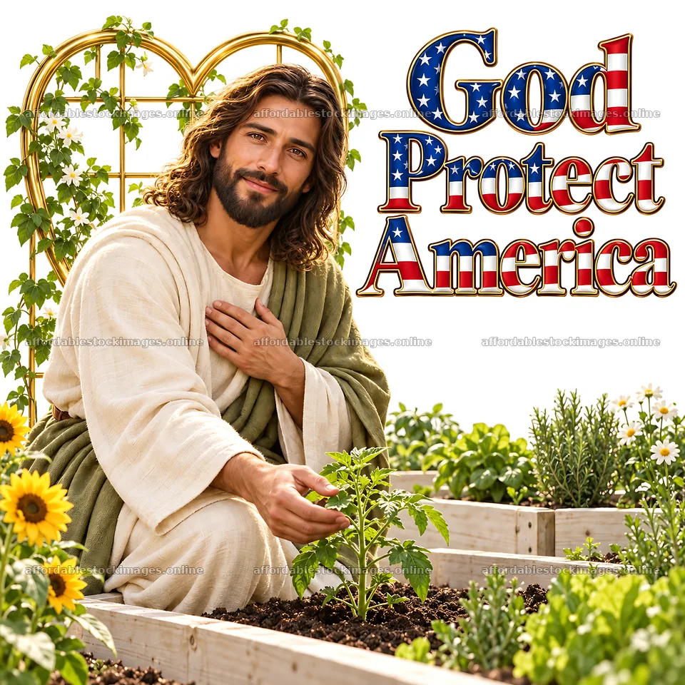Jesus Christ caring for a plant in a garden – stock images 7746x7746