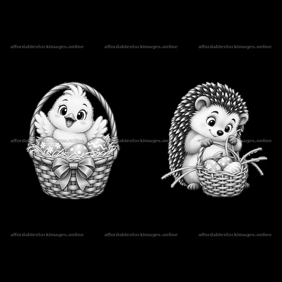 Chick and hedgehog with Easter baskets exploring colored eggs – stock images 7746x7746