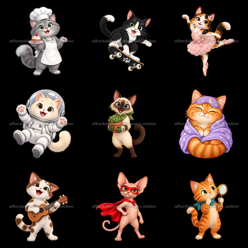 Cats in various costumes and activities in a fun grid layout – stock images 7746x7746