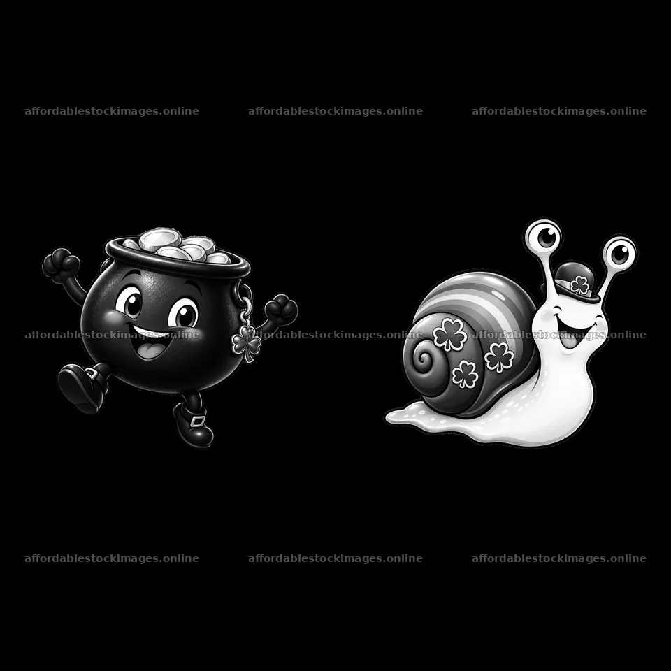 Happy pot of gold and cheerful snail for St. Patrick's Day – stock images 7746x7746