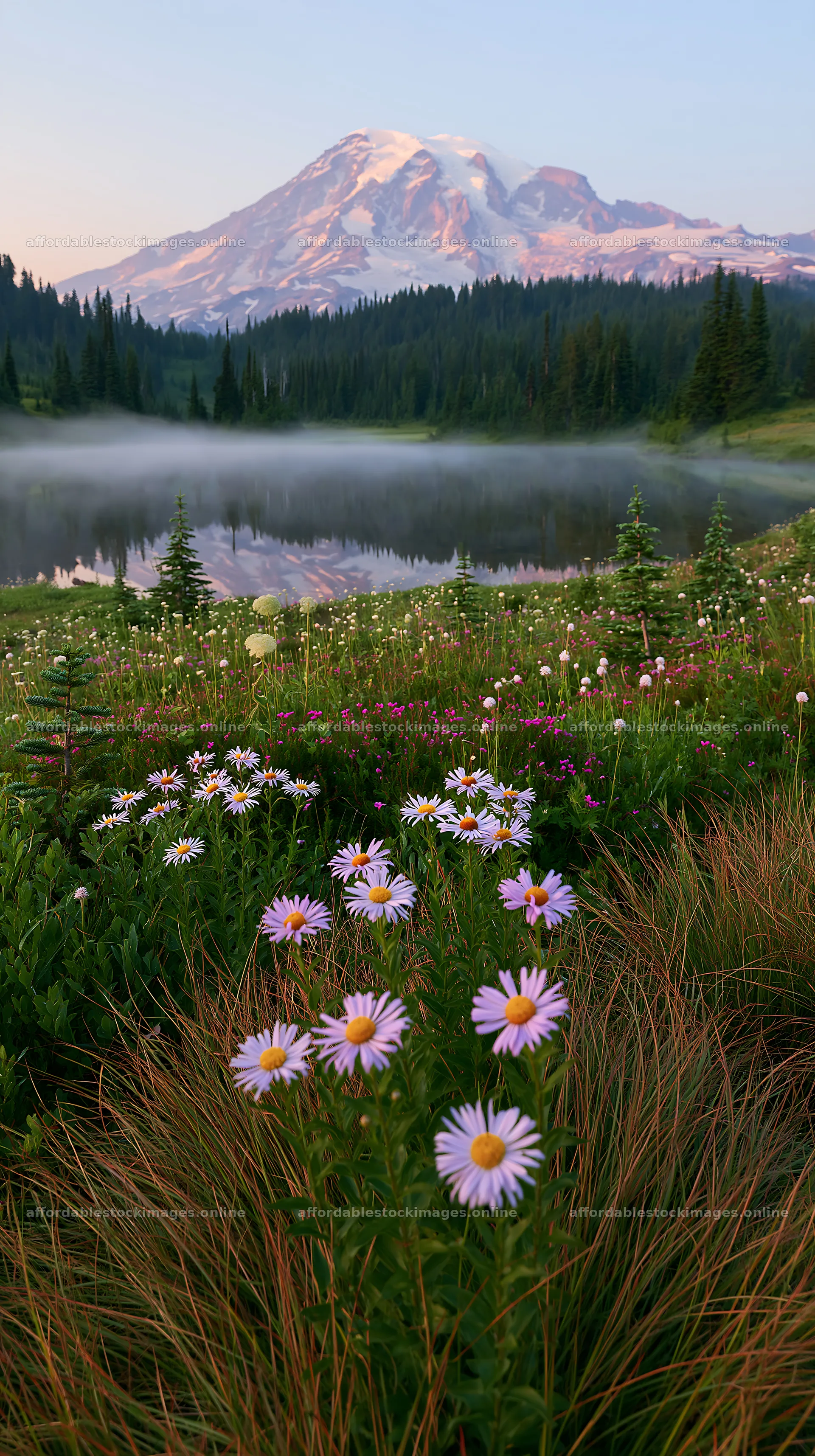 Mount Rainier wildflower meadow at sunrise near the lake – stock images 5938x10608
