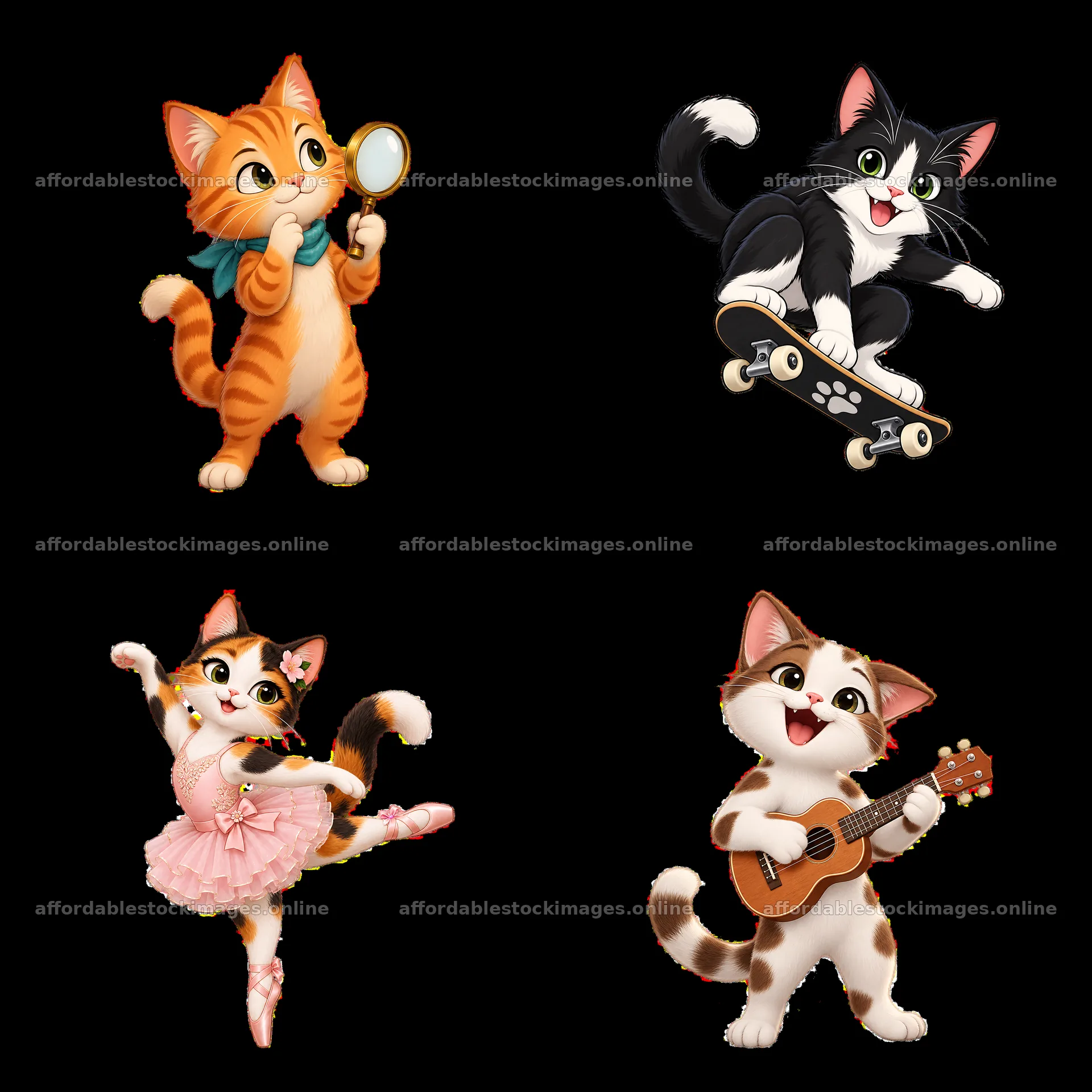 Four playful cartoon cats engaged in fun activities – stock images 7746x7746