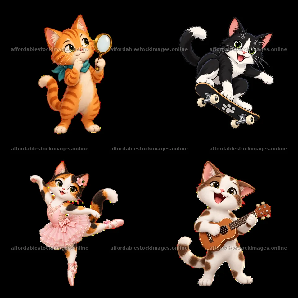 Four playful cartoon cats engaged in fun activities – stock images 7746x7746