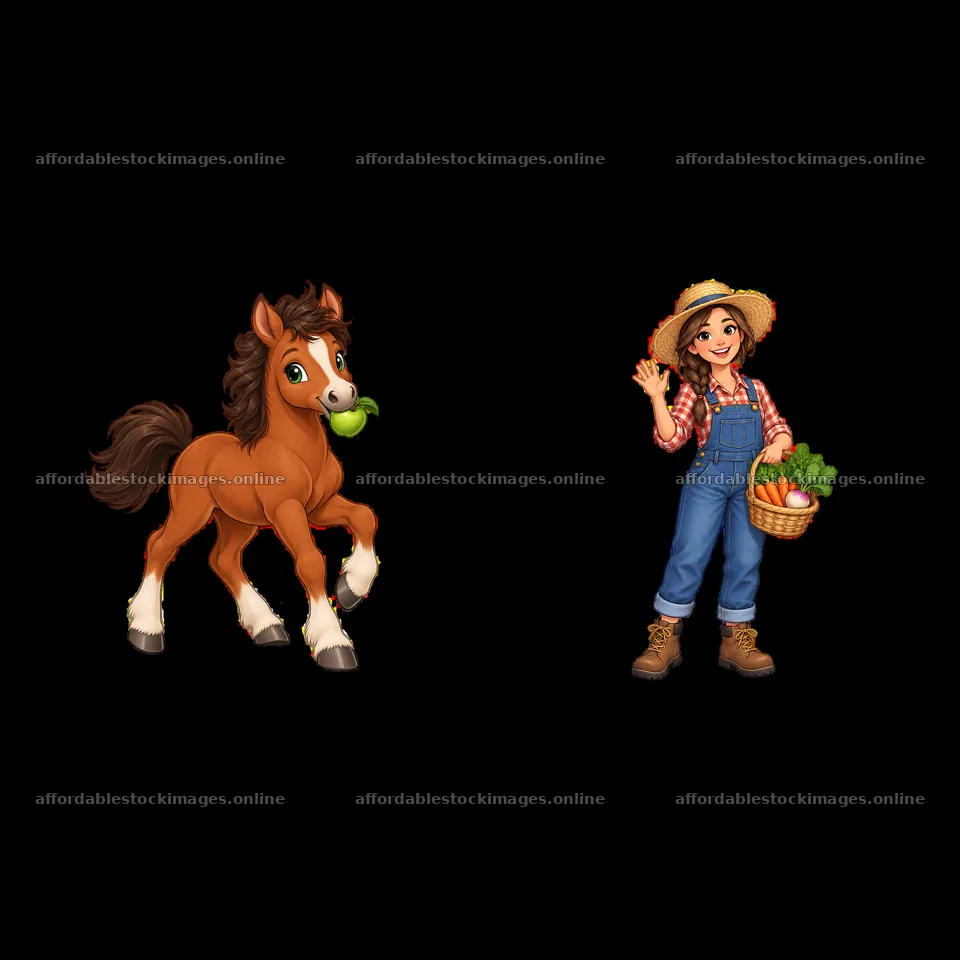 Girl with basket of vegetables beside running horse – stock images 7746x7746
