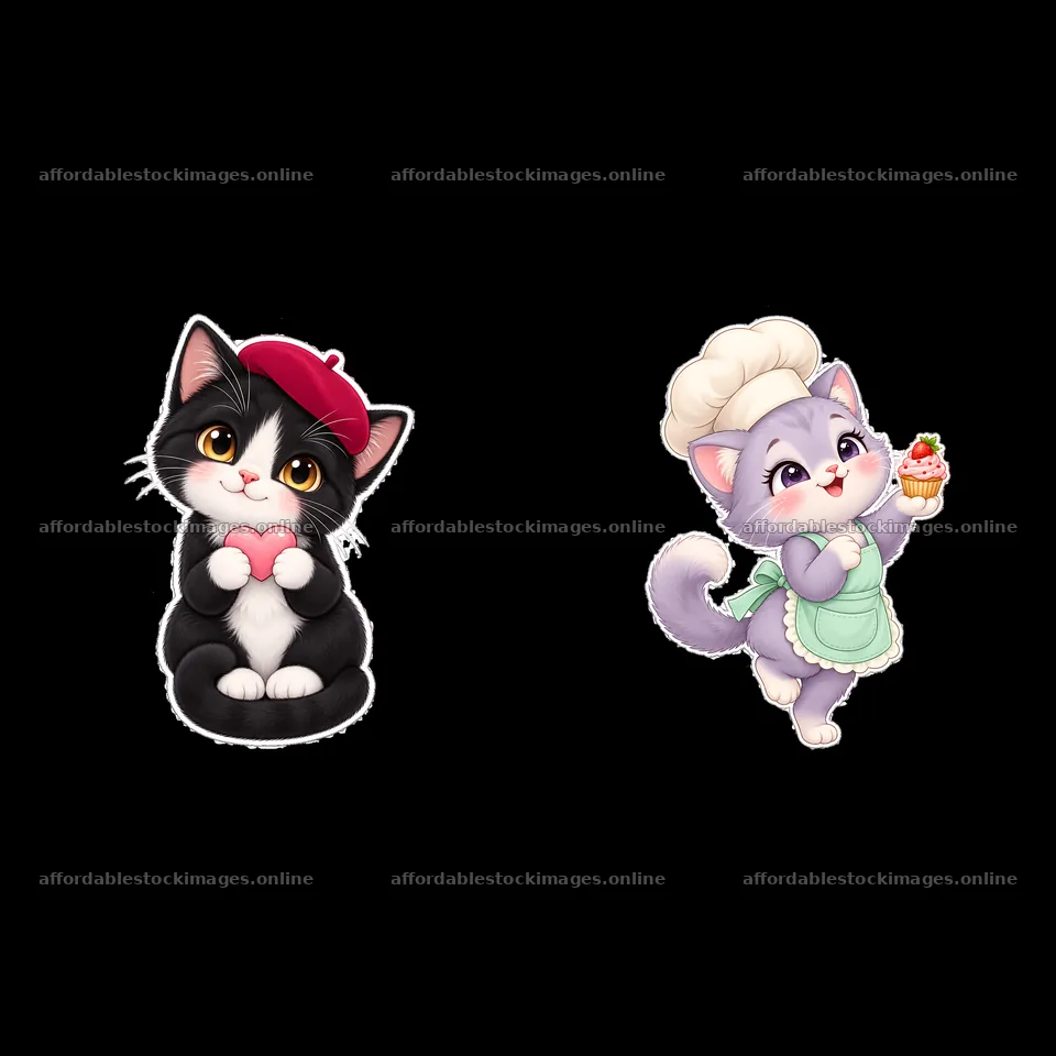 Kawaii cat characters holding hearts and a cupcake in a pair – stock images 7746x7746