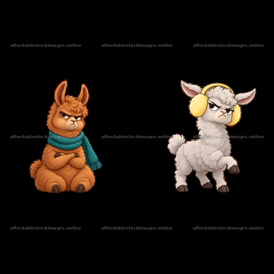 Grumpy llama character stickers with winter accessories – stock images 7746x7746