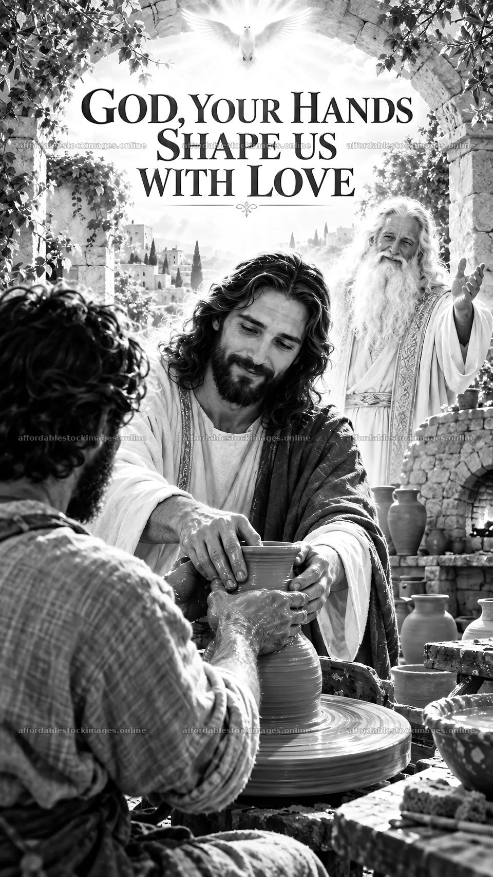 Jesus Christ shaping a pot with a disciple in a workshop – stock images 5811x10326