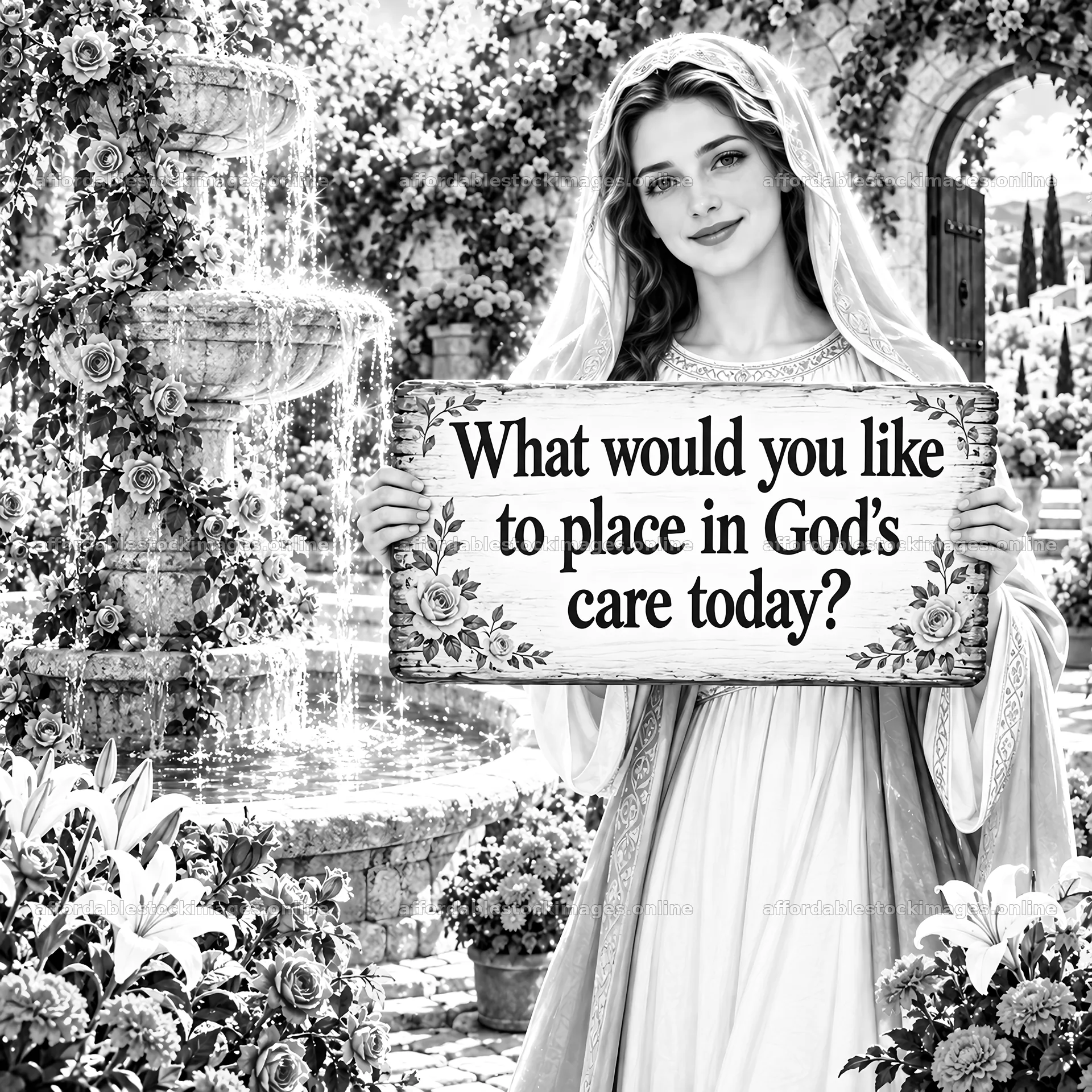 Jesus Christ inviting faith in a garden setting – stock images 7746x7746