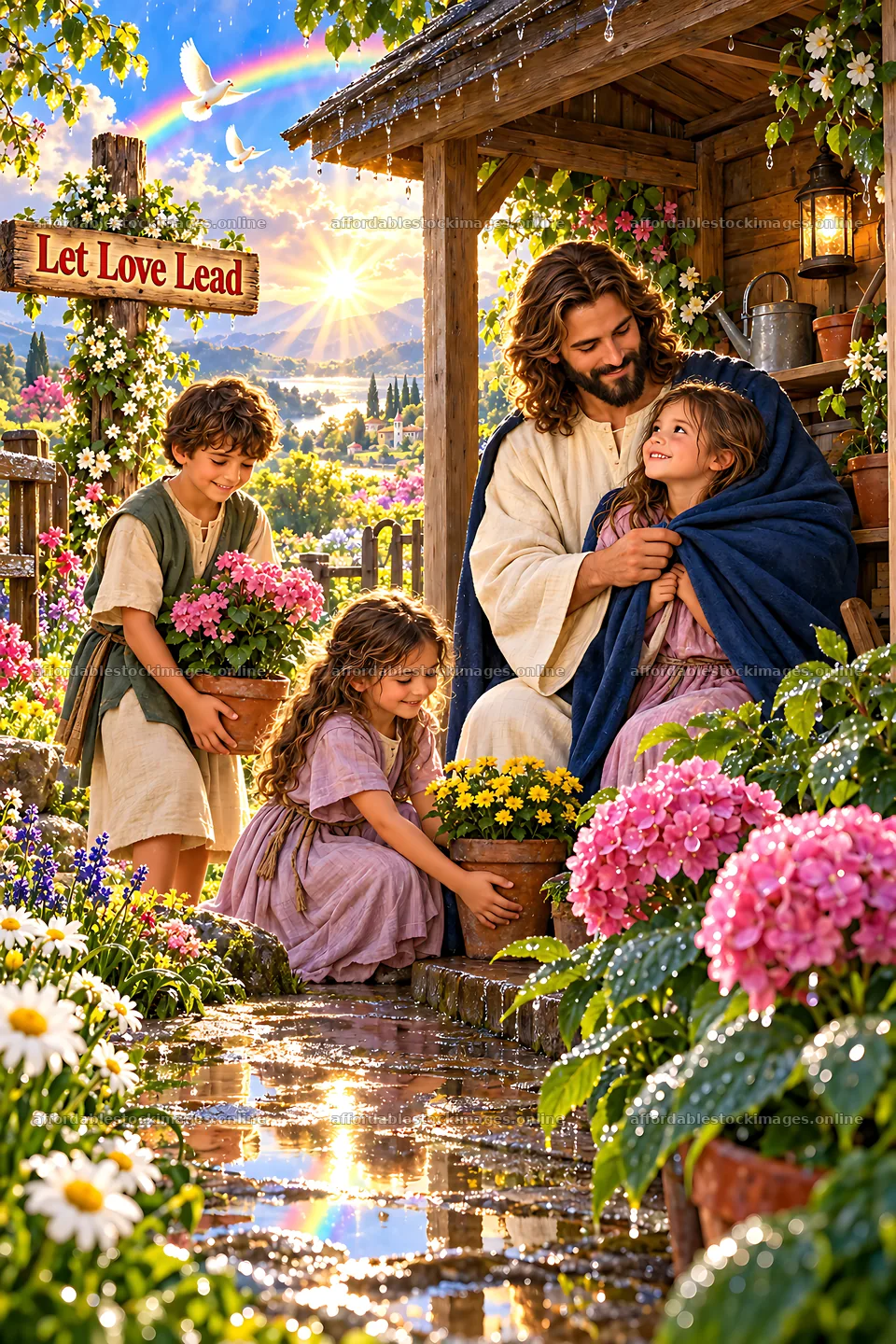 Children and adult in garden with flowers and plants – stock images 6480x9722