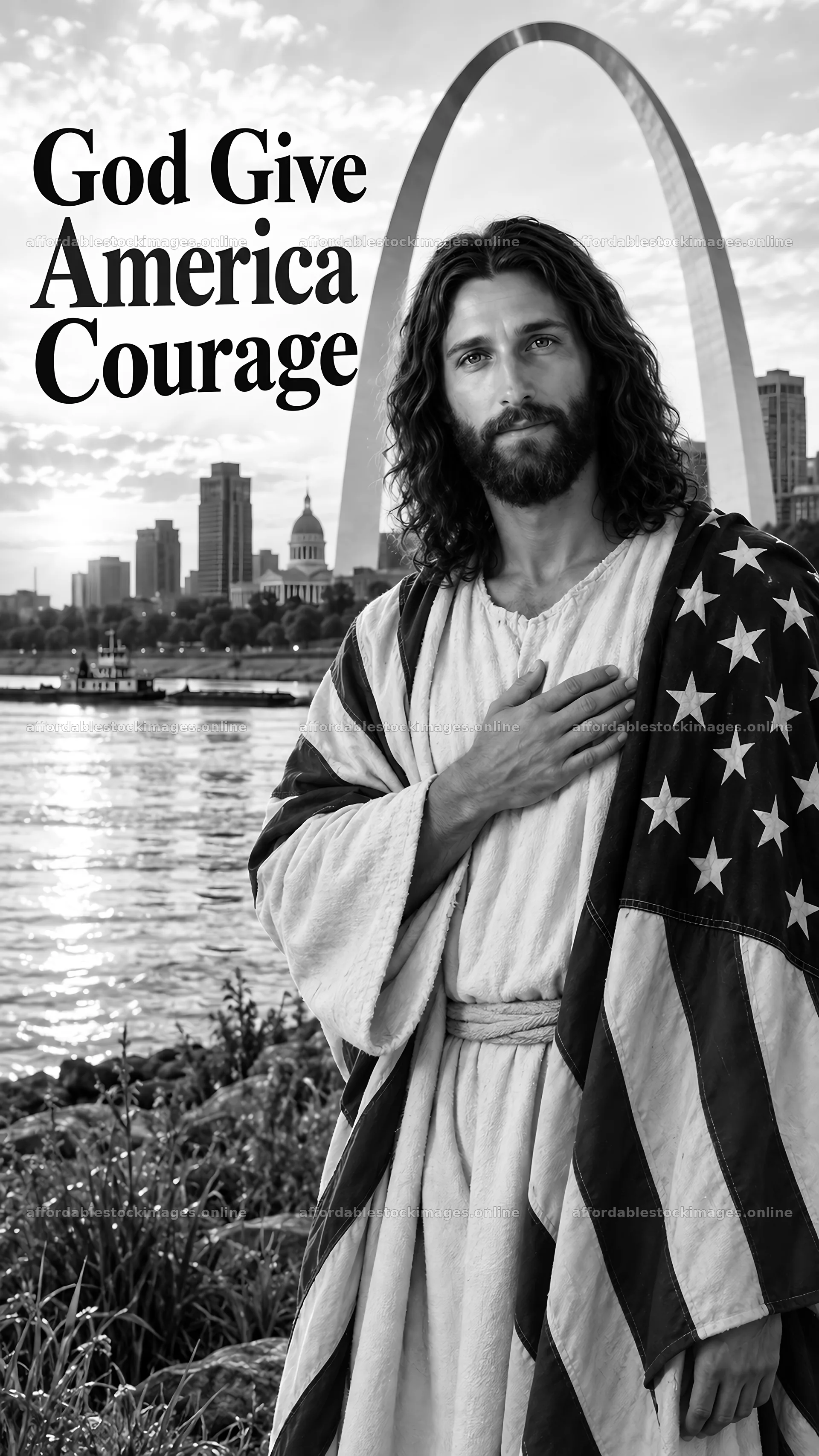 Jesus Christ stands with an American flag by the river – stock images 5811x10326