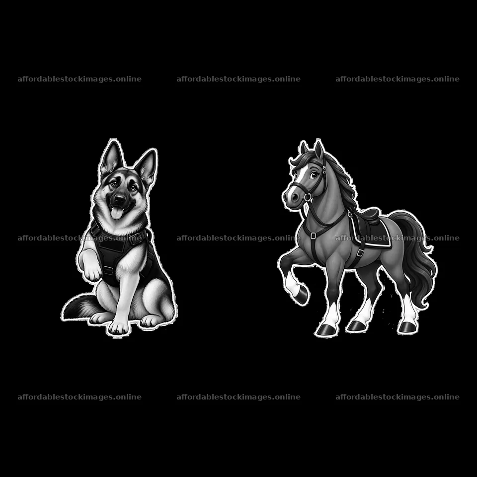 Cartoon police dog and horse characters in a black and white – stock images 7746x7746