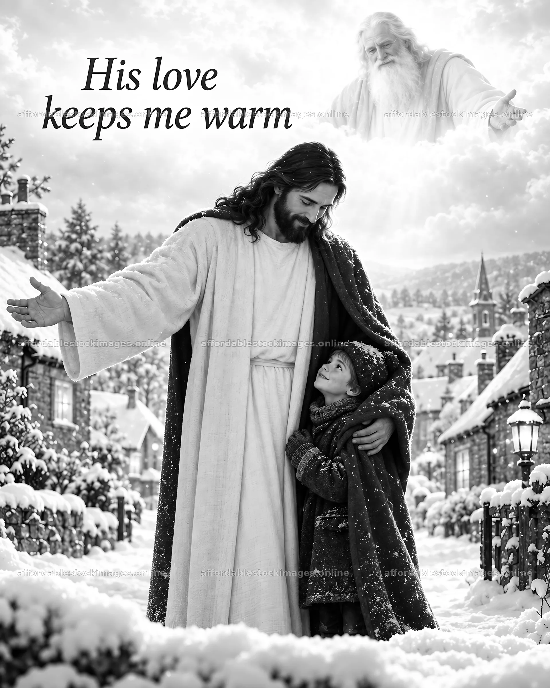 Jesus Christ embraces a child in a snowy village setting – stock images 6930x8659