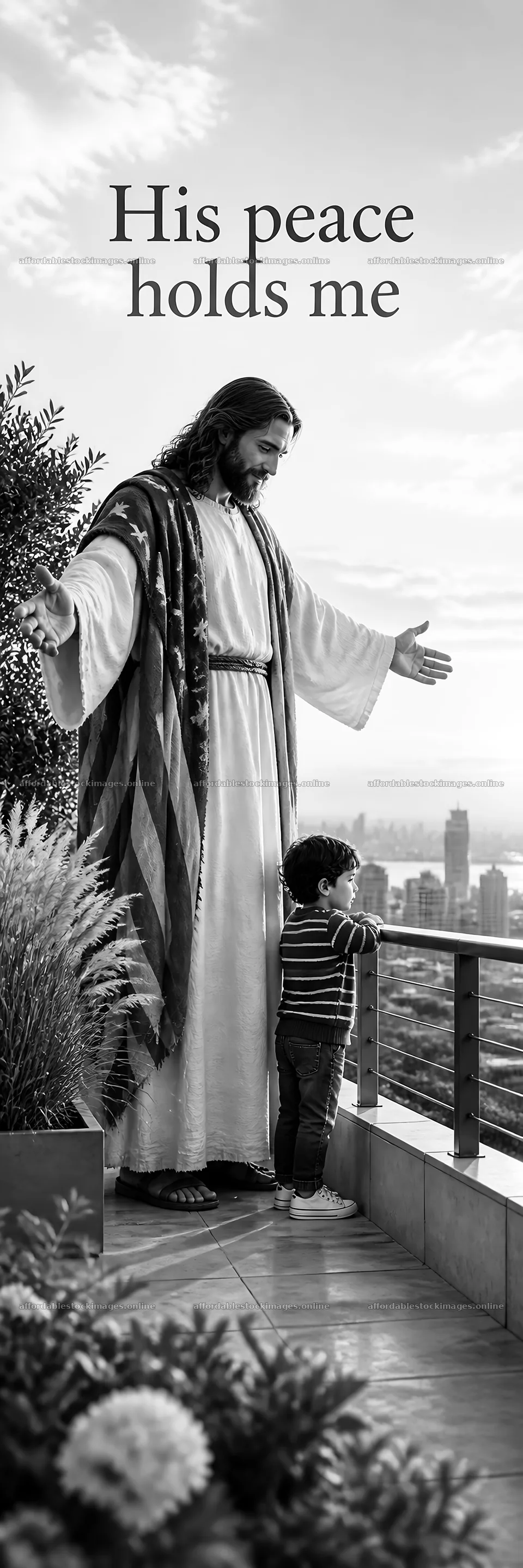 Jesus Christ welcomes a child on a balcony – stock images 4472x13417