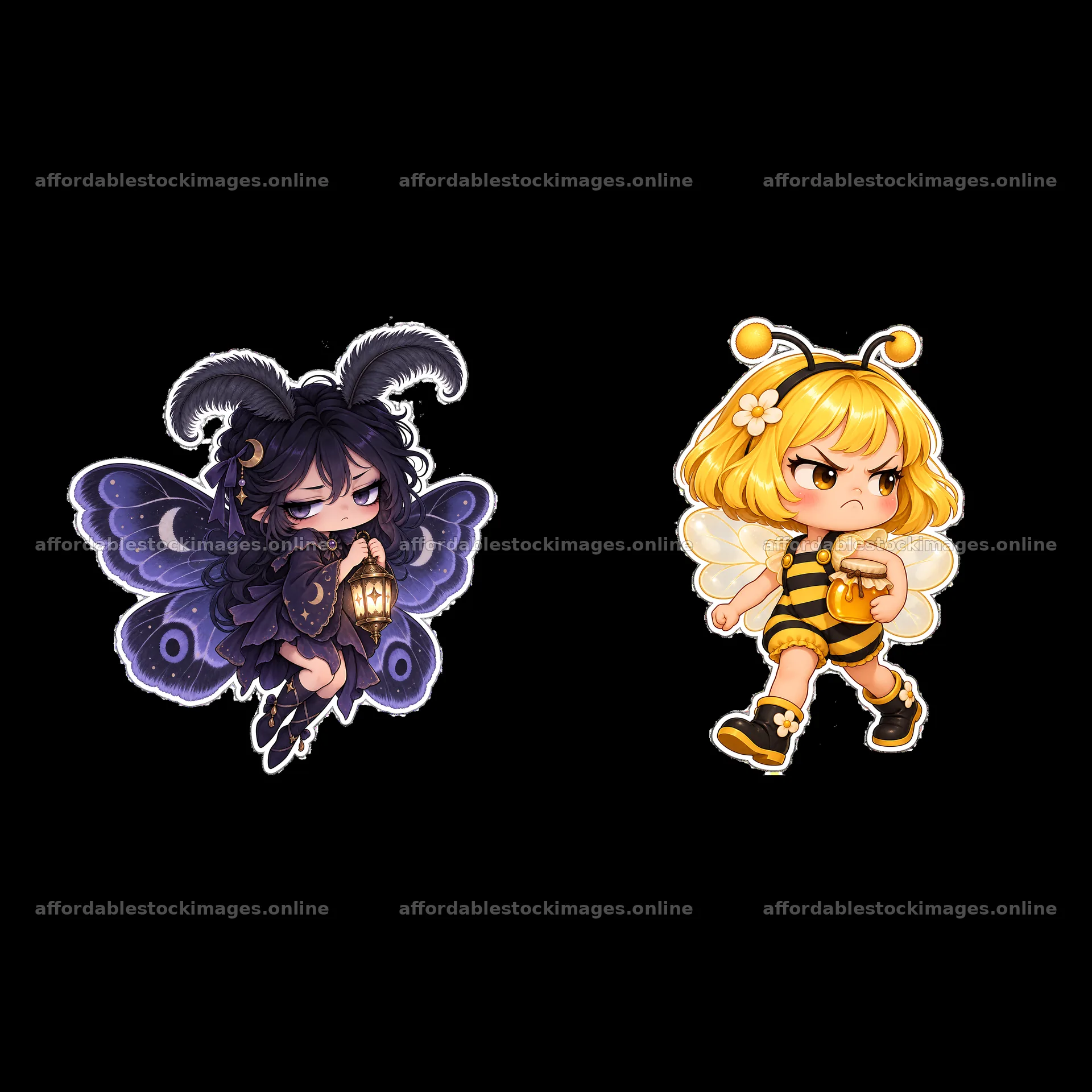 Kawaii grumpy fairy duo with lantern and honey jar – stock images 7746x7746